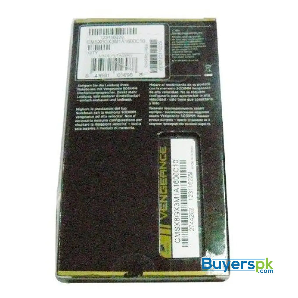 Corsair CMSX8GX3M1A1600C10 Vengeance 8GB (1x8GB) DDR3 1600 MHz (PC3 12800) Laptop Memory- 1.5V - RAM Corsair CMSX8GX3M1A1600C10 Vengeance 8GB (1x8GB) DDR3 1600 MHz (PC3 12800) Laptop Memory- 1.5V - RAM